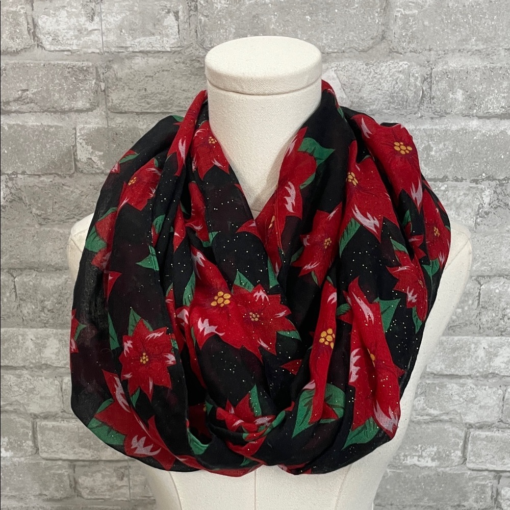 Charming Charlie Red and Black Poinsettia Floral Infinity Scarf
